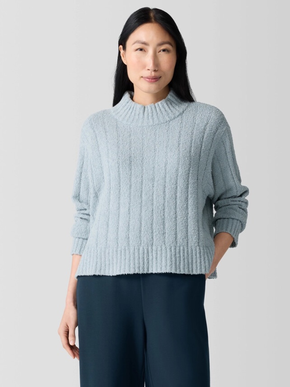 Eileen Fisher Light Blue Ribbed Mock Turtleneck Sweater